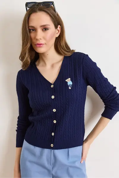 Olalook Women's Navy Blue V-Neck Buttoned Embroidery Detailed Hair Knitted Knitwear Cardigan
