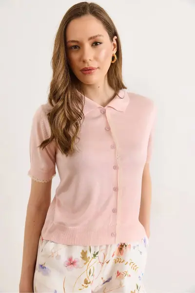 Olalook Women's Pink Lace Detailed Viscose Cardigan