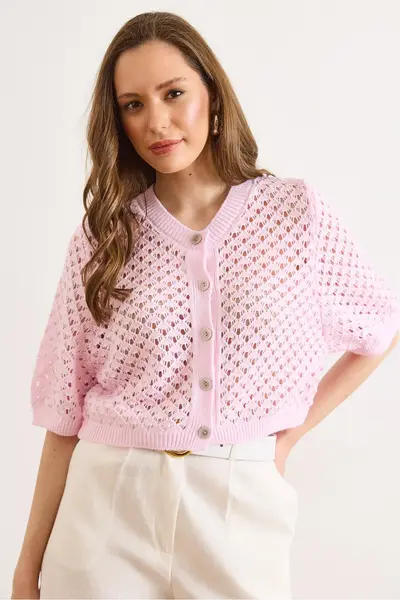 Olalook Women's Pink Little Baklava Openwork Crop Seasonal Cardigan