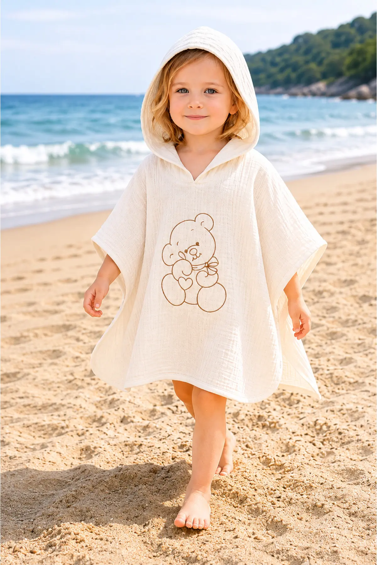 Tomuycuk Teddy Bear Embroidered 100% Cotton Muslin Ecru Pareo Towel - Baby & Kids Beach and Bath Poncho (0-2 Years)