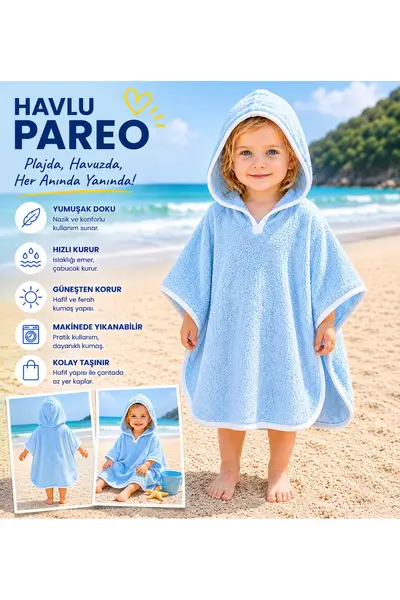 Tomuycuk Mavi Baby Boy Bathrobe / Pareo with Hood 100% Cotton - Soft & Water Absorbent Baby Towel
