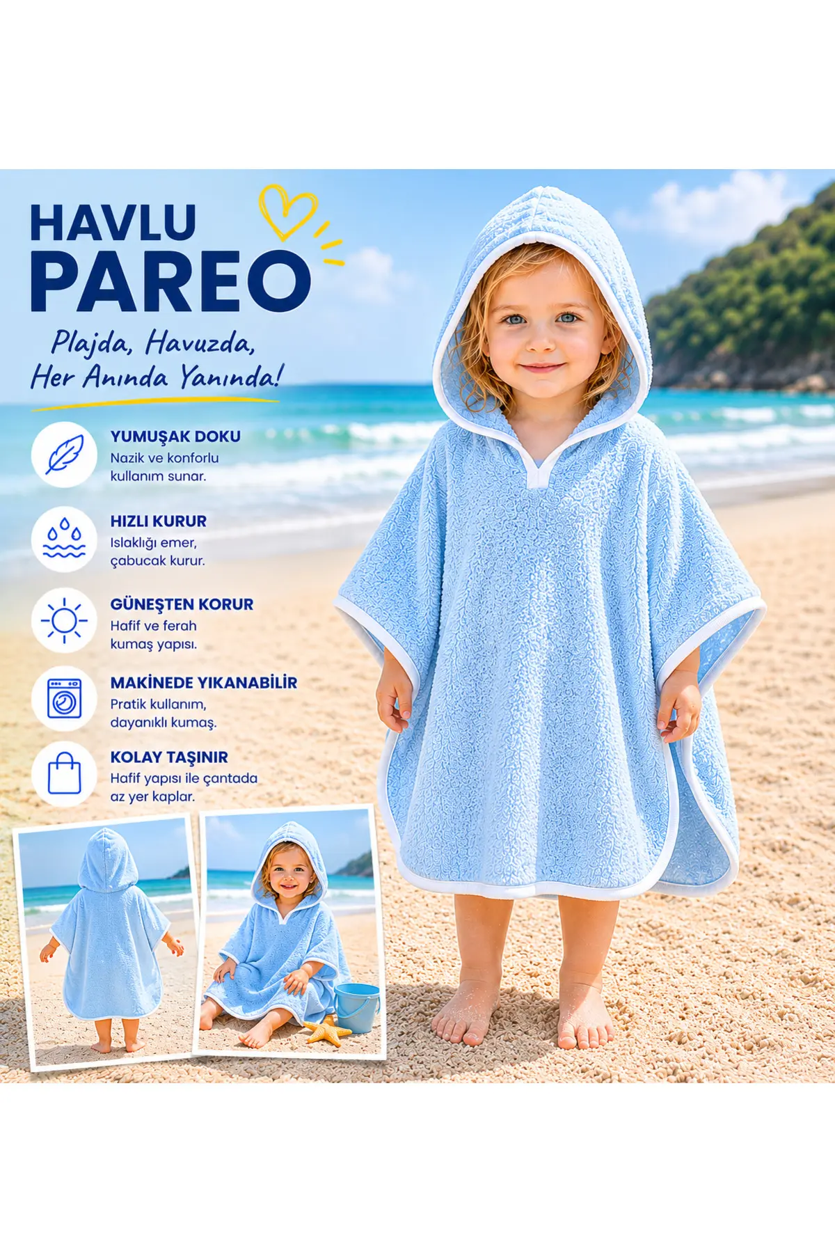 Tomuycuk Mavi Baby Boy Bathrobe / Pareo with Hood 100% Cotton - Soft & Water Absorbent Baby Towel