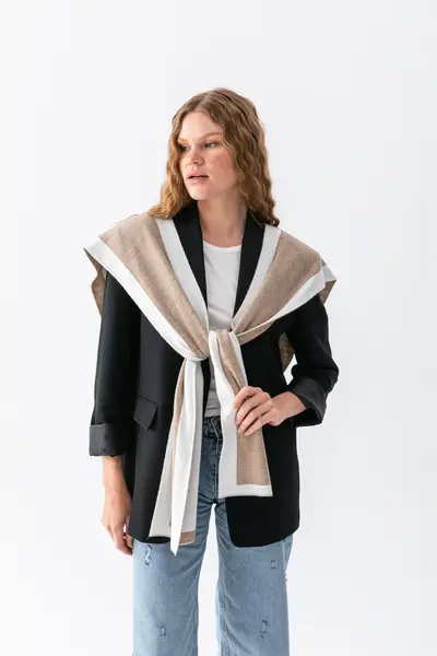 Wega Moda Double Sided Patchwork Knitted Scarf - Square Piece Unisex Sports Shoulder Shawl, Boho Style Winter Scarf