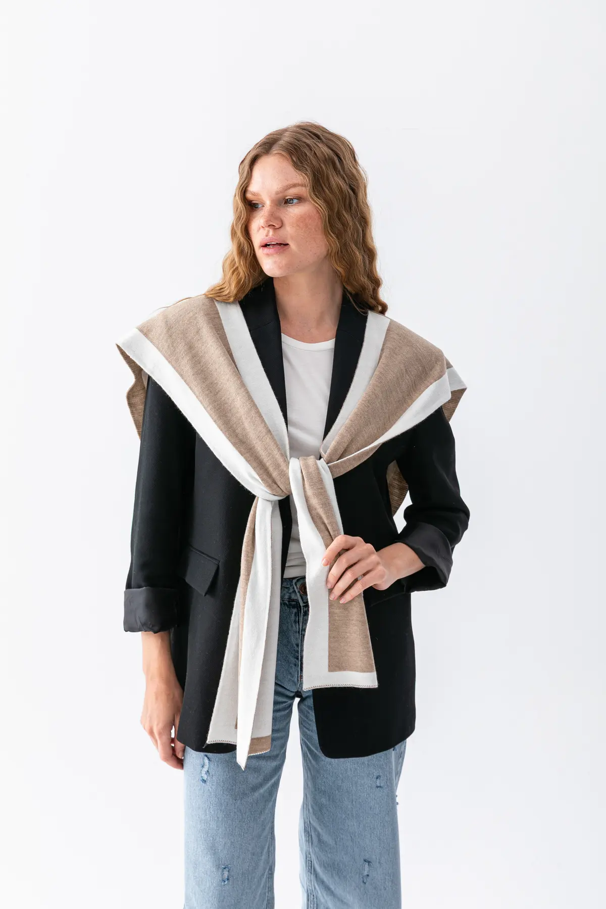 Wega Moda Double Sided Patchwork Knitted Scarf - Square Piece Unisex Sports Shoulder Shawl, Boho Style Winter Scarf