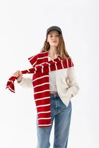 Wega Moda Square Striped Patchwork Scarf - Sports Knitwear Knitted Shoulder Scarf | Unisex Boho Shawl - Red-White