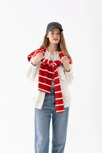 Wega Moda Square Striped Patchwork Scarf - Sports Knitwear Knitted Shoulder Scarf | Unisex Boho Shawl - Red-White - Image 3