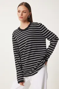 Happiness İstanbul Women's Black and White Striped Seasonal Knitwear Sweater - Image 2
