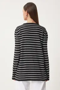 Happiness İstanbul Women's Black and White Striped Seasonal Knitwear Sweater - Image 5