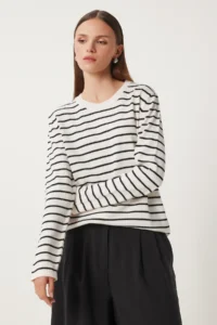 Happiness İstanbul Women's Ecru Black Striped Seasonal Knitwear Sweater - Image 2