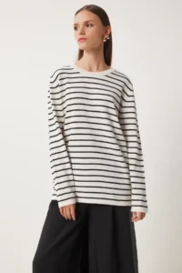 Happiness İstanbul Women's Ecru Black Striped Seasonal Knitwear Sweater - Image 3