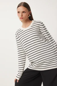 Happiness İstanbul Women's Ecru Black Striped Seasonal Knitwear Sweater - Image 4