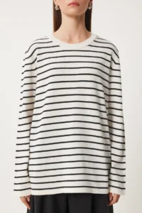 Happiness İstanbul Women's Ecru Black Striped Seasonal Knitwear Sweater - Image 6
