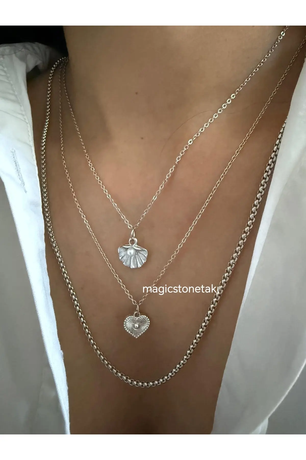 MagicStone Aura Shine 3 Sets Kombin Silver Color Necklace