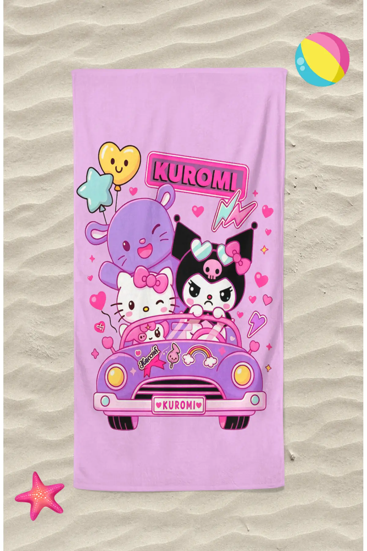 Erays Home Kuromi Colorful Patterned Digital Printed Girl's Beach Towel Cotton Beach Towel Sea Towel
