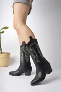 bakac store New Season Women's Cowboy Boots with Black Leather and White Embroidery - Image 2