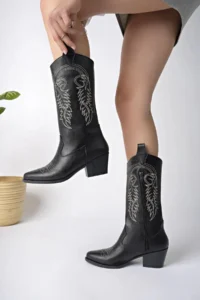 bakac store New Season Women's Cowboy Boots with Black Leather and White Embroidery - Image 3