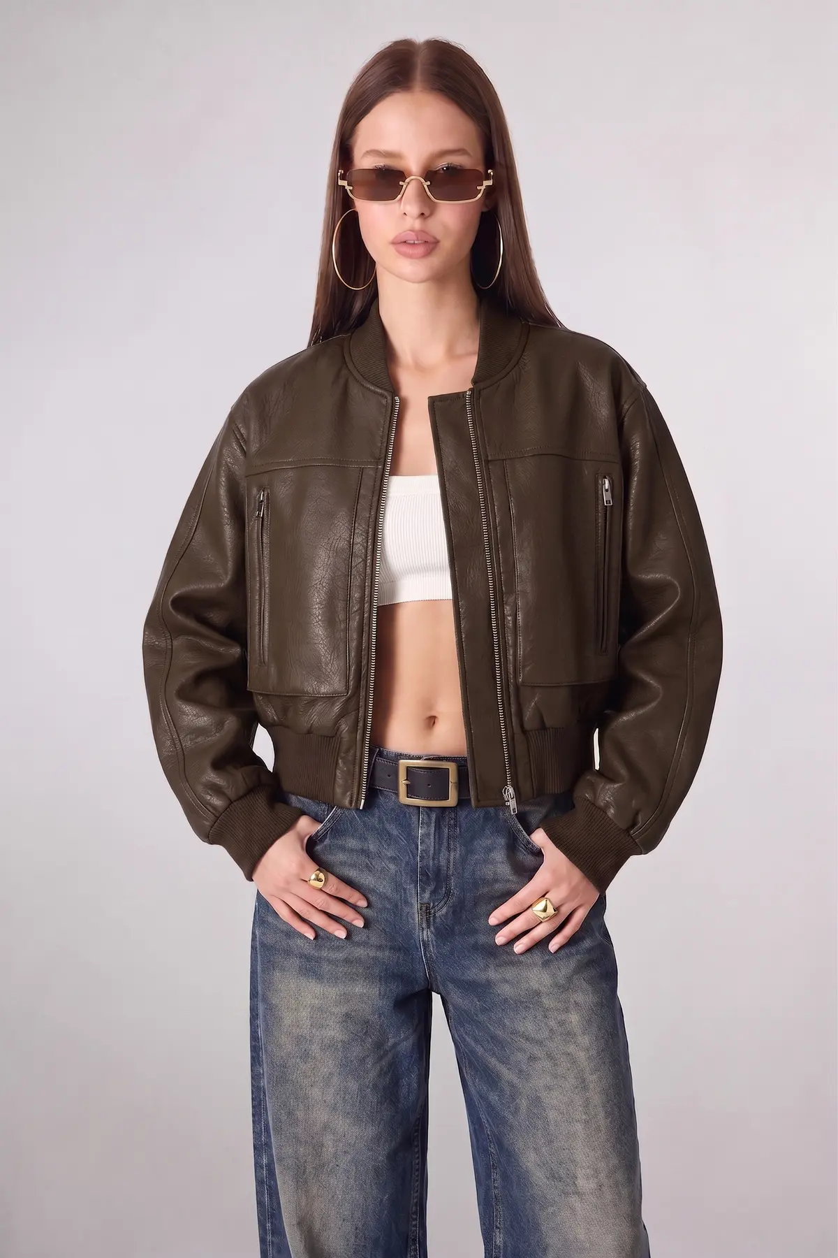 Jaglion Oversize Bomber Coated Zipper Double Pocket Ribbed Light Brown Leather Jacket