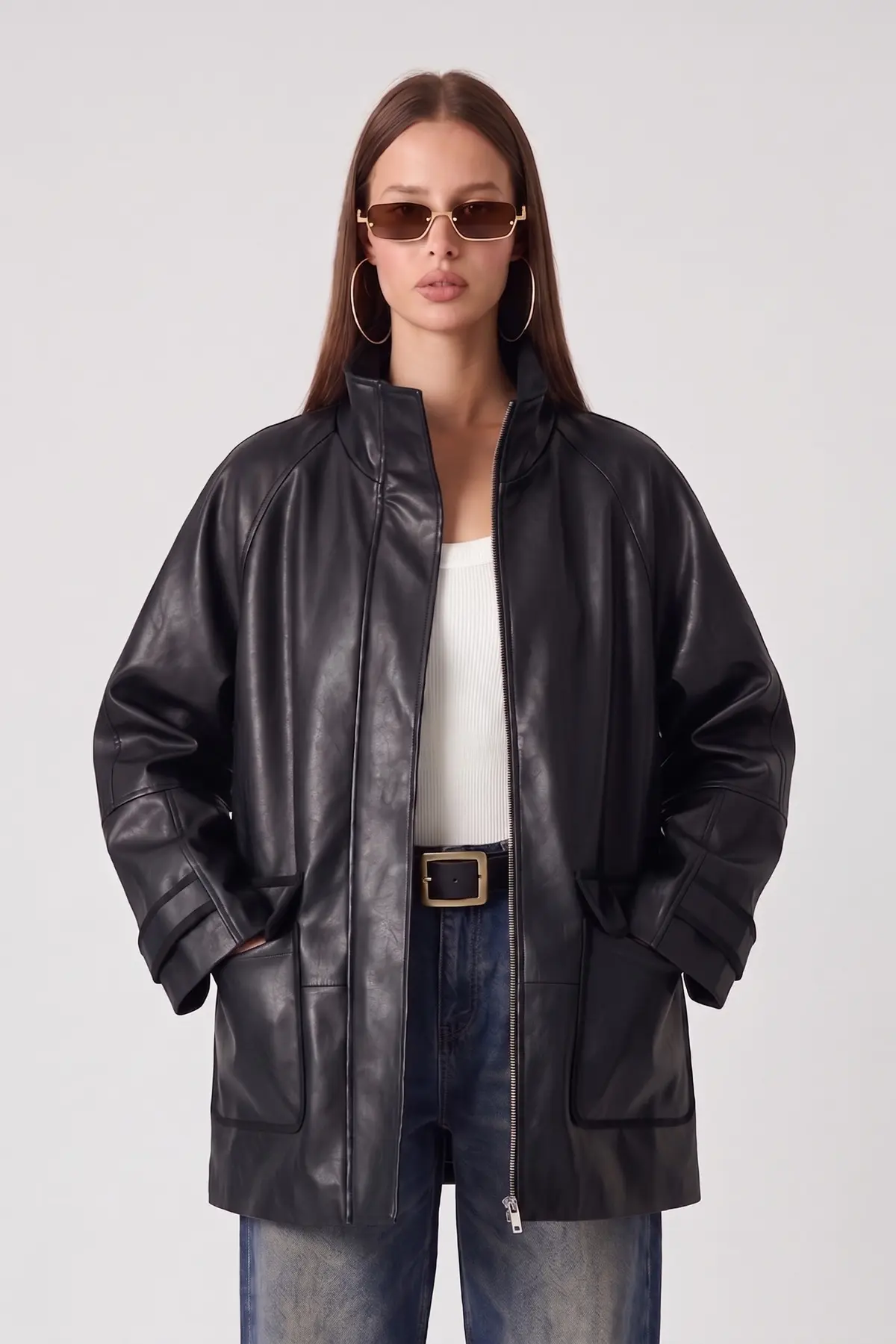 Jaglion Women's Vintage Long Oversize Zippered Flap Pocket Black Leather Jacket