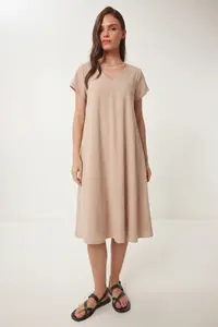 Lovelyİstanbul V-neck Summer Flowy Viscose Dress  Beige