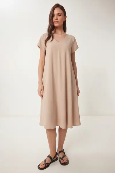 Lovelyİstanbul V-neck Summer Flowy Viscose Dress Beige