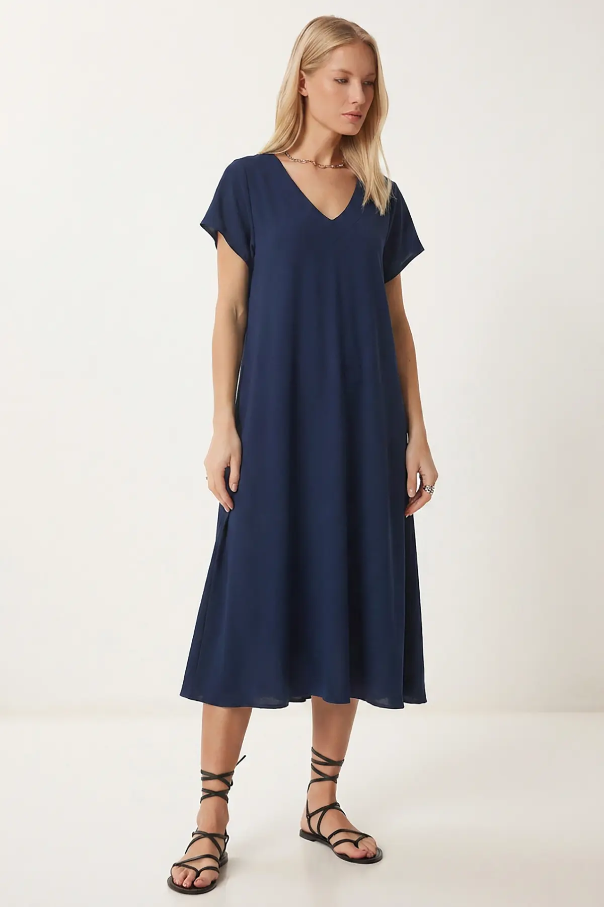 Lovelyİstanbul V-Neck Summer Flowy Viscose Dress  NAVY BLUE