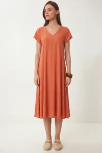 Lovelyİstanbul V-Neck Summer Flowy Viscose Dress  TILE - Image 2