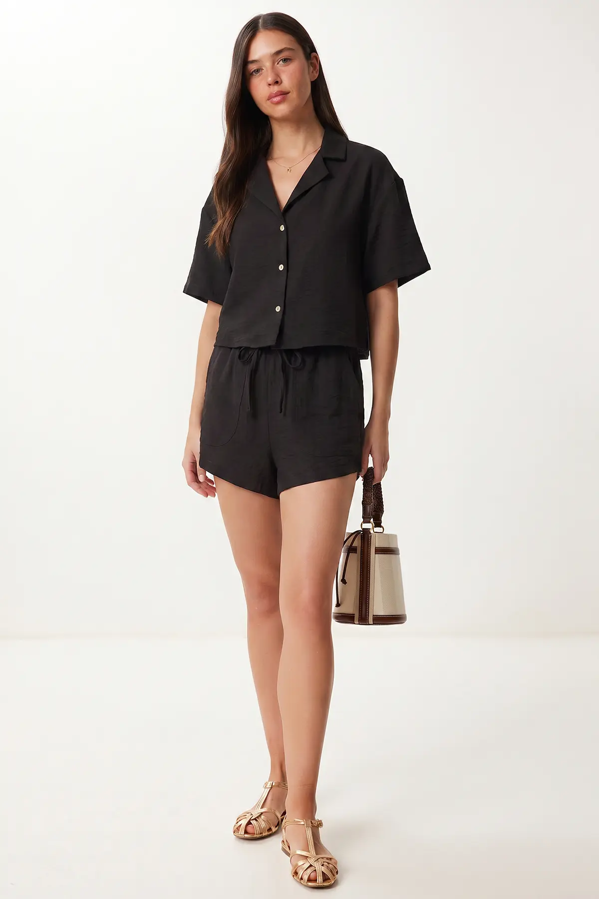 Lovelyİstanbul Linen Shirt Shorts Set  Black