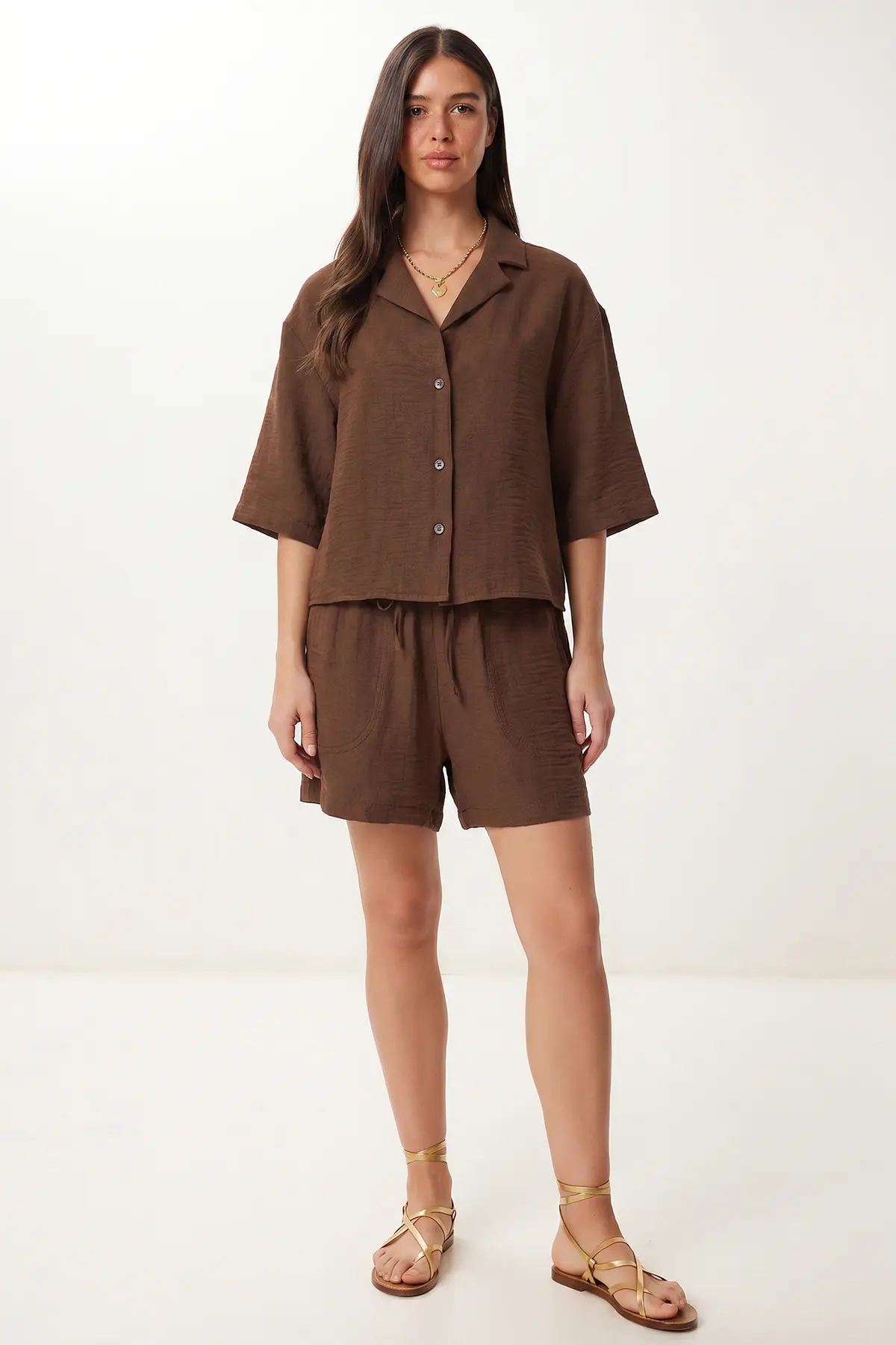 Lovelyİstanbul Linen Shirt Shorts Set  Brown