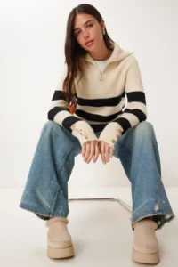 Happiness İstanbul Women's Bone Black Zippered Turtleneck Striped Knitwear Sweater