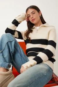 Happiness İstanbul Women's Bone Black Zippered Turtleneck Striped Knitwear Sweater - Image 2