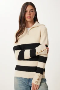 Happiness İstanbul Women's Bone Black Zippered Turtleneck Striped Knitwear Sweater - Image 3