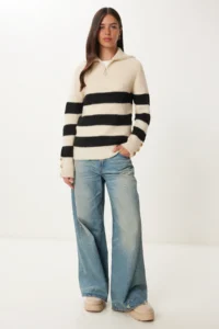 Happiness İstanbul Women's Bone Black Zippered Turtleneck Striped Knitwear Sweater - Image 4