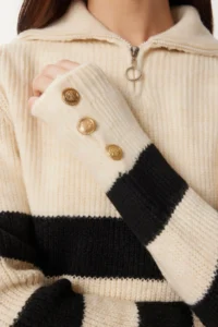 Happiness İstanbul Women's Bone Black Zippered Turtleneck Striped Knitwear Sweater - Image 5