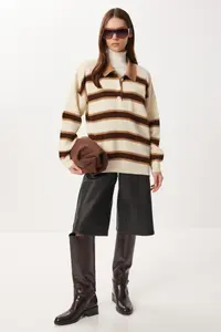 Lovelyİstanbul Striped Polo Neck Knitwear Sweater  CREAM BROWN