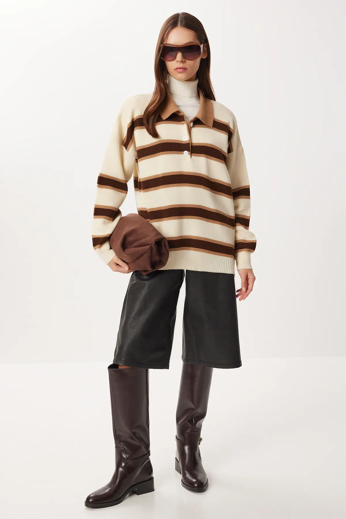 Lovelyİstanbul Striped Polo Neck Knitwear Sweater  CREAM BROWN