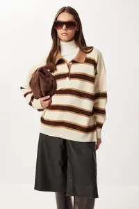 Lovelyİstanbul Striped Polo Neck Knitwear Sweater  CREAM BROWN - Image 2