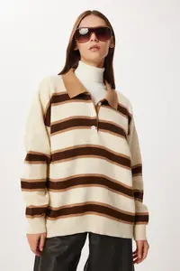 Lovelyİstanbul Striped Polo Neck Knitwear Sweater  CREAM BROWN - Image 3