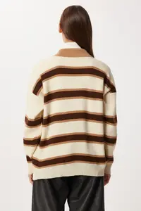 Lovelyİstanbul Striped Polo Neck Knitwear Sweater  CREAM BROWN - Image 5