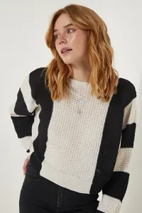 Happiness İstanbul Women's Cream Black Striped Seasonal Knitwear Sweater - Image 2