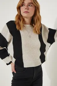 Happiness İstanbul Women's Cream Black Striped Seasonal Knitwear Sweater - Image 3