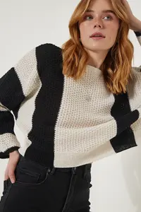 Happiness İstanbul Women's Cream Black Striped Seasonal Knitwear Sweater - Image 4