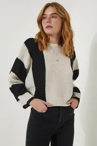 Happiness İstanbul Women's Cream Black Striped Seasonal Knitwear Sweater - Image 6