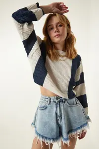 Happiness İstanbul Women's Cream Navy Blue Striped Seasonal Knitwear Sweater - Image 2