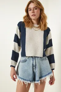 Happiness İstanbul Women's Cream Navy Blue Striped Seasonal Knitwear Sweater - Image 3