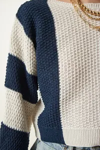 Happiness İstanbul Women's Cream Navy Blue Striped Seasonal Knitwear Sweater - Image 4