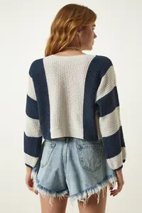 Happiness İstanbul Women's Cream Navy Blue Striped Seasonal Knitwear Sweater - Image 5