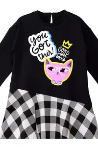 MSHB&G Black Cool Cat Plaid Girl's Asymmetrical Cut Winter Dress - Image 3