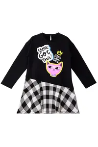 MSHB&G Black Cool Cat Plaid Girl's Asymmetrical Cut Winter Dress - Image 5