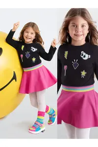 MSHB&G Emoji Black Pink Winter Girls Dress with Elastic Waist