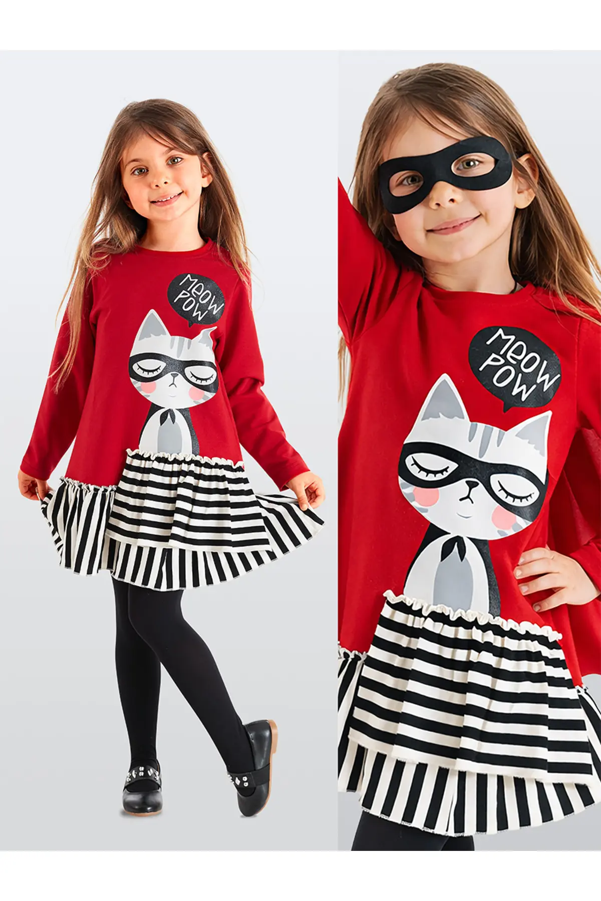 MS-20S1-054-RED_1 MSHB&G Red Meow Pow Striped Girl's Long Sleeve Ruffle Dress - Image 1